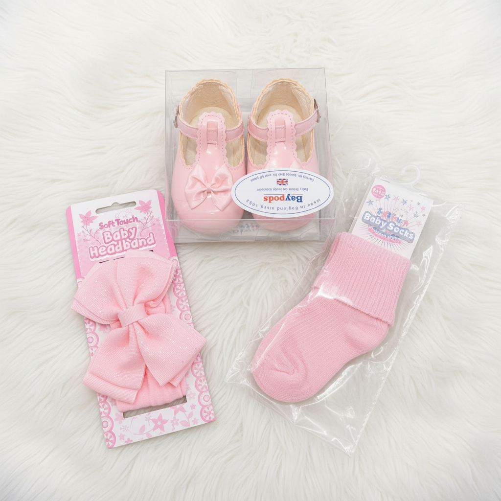 Baby Girl Pink Gift Set – Baypods Shoes Size 2 (EU 18), Bow Headband & Socks