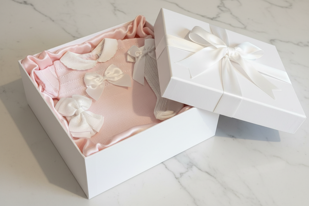 Baby girl pink knit romper luxury gift hamper