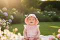 Baby girl wearing pink sun hat in garden