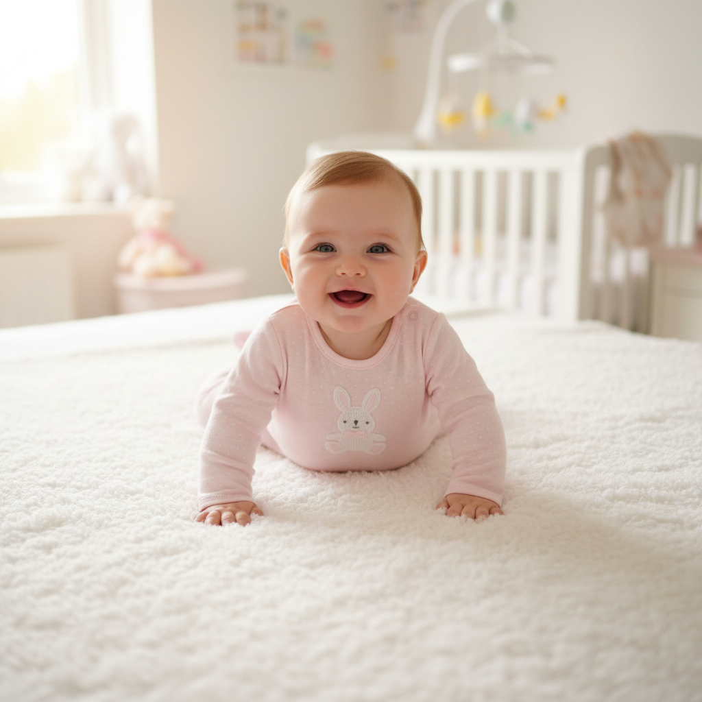Baby girl wearing pink polka dot sleepsuit with mouse appliqué