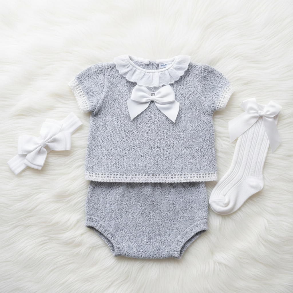 Grey baby girl knitted set on white background
