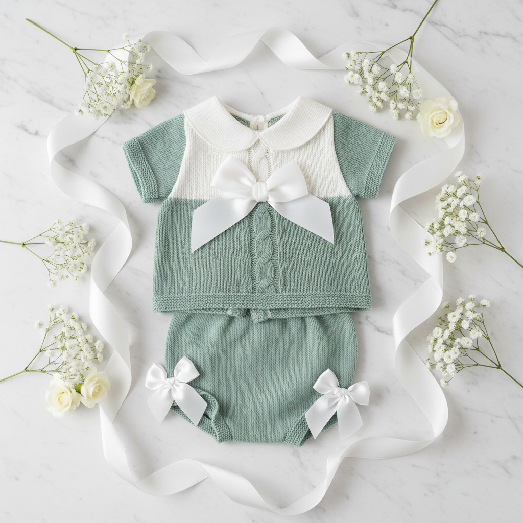 Sage green baby knitted set flat lay
