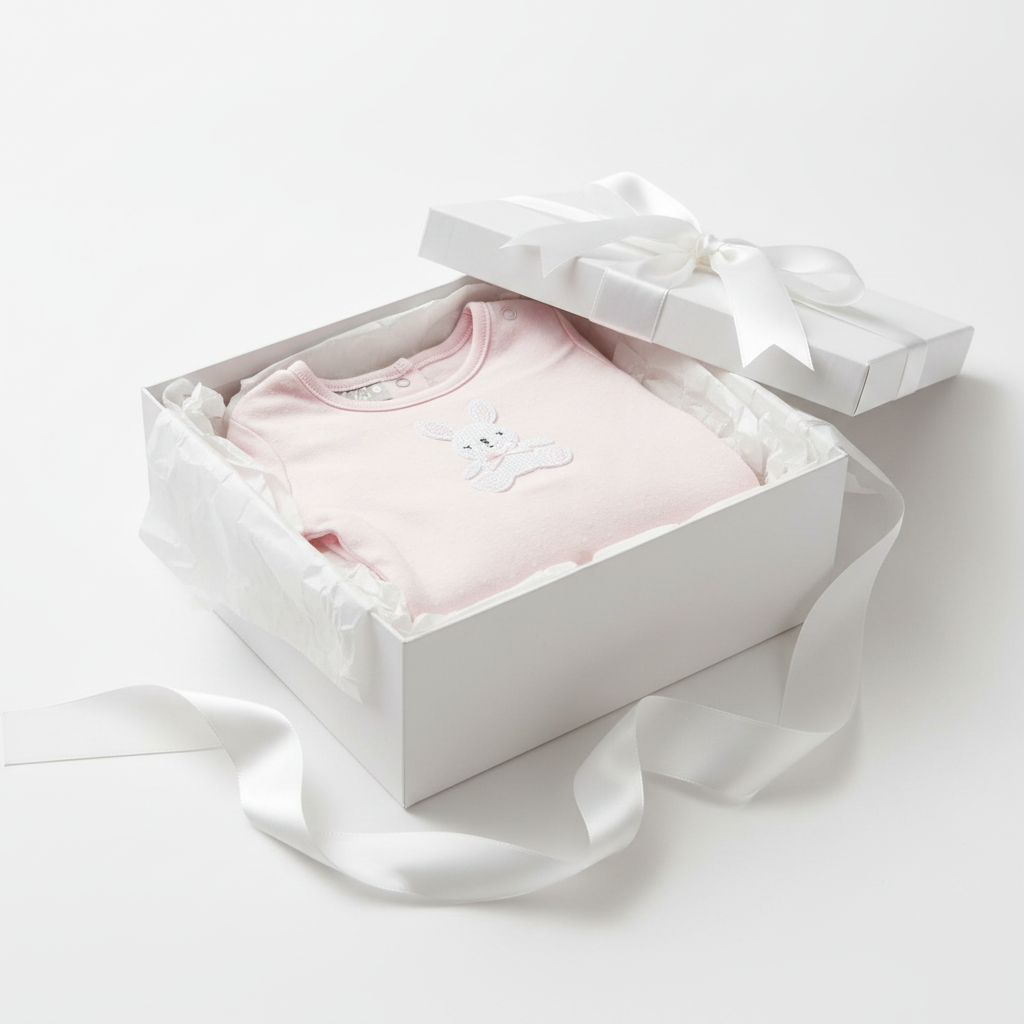 Pink polka dot baby sleepsuit in gift box