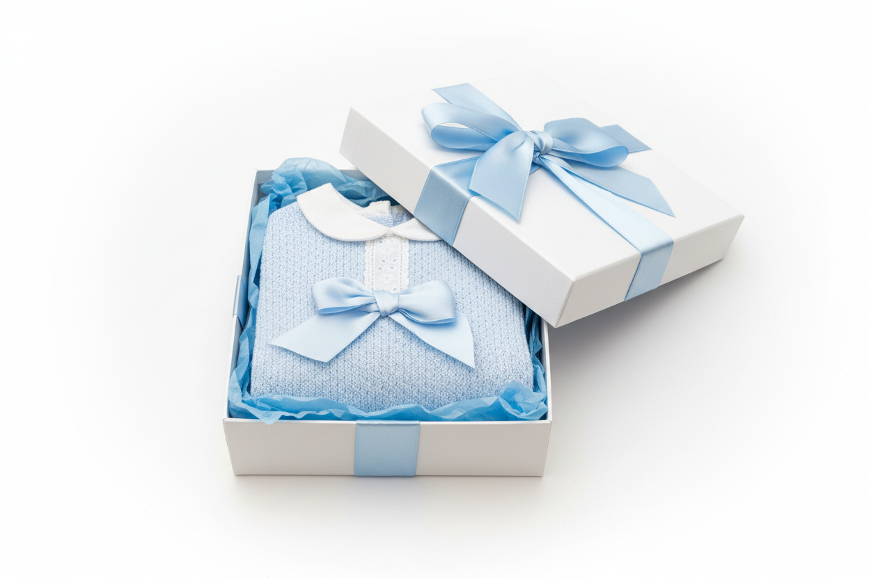 Blue baby boy knit romper in gift box