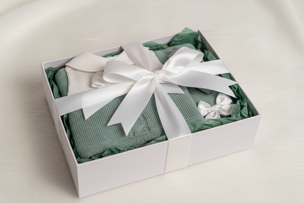 Sage green baby knitted set in gift box
