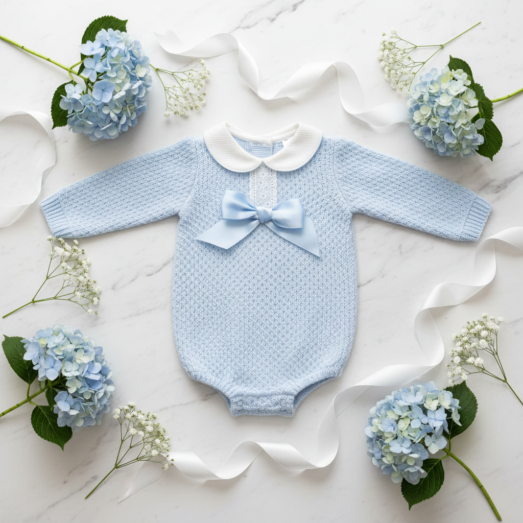 Blue baby boy knit romper flat lay