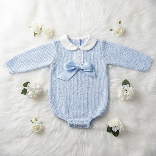 Blue baby boy knit romper on white background