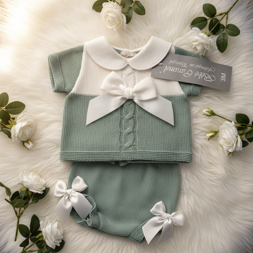 Sage green baby knitted set lifestyle photo
