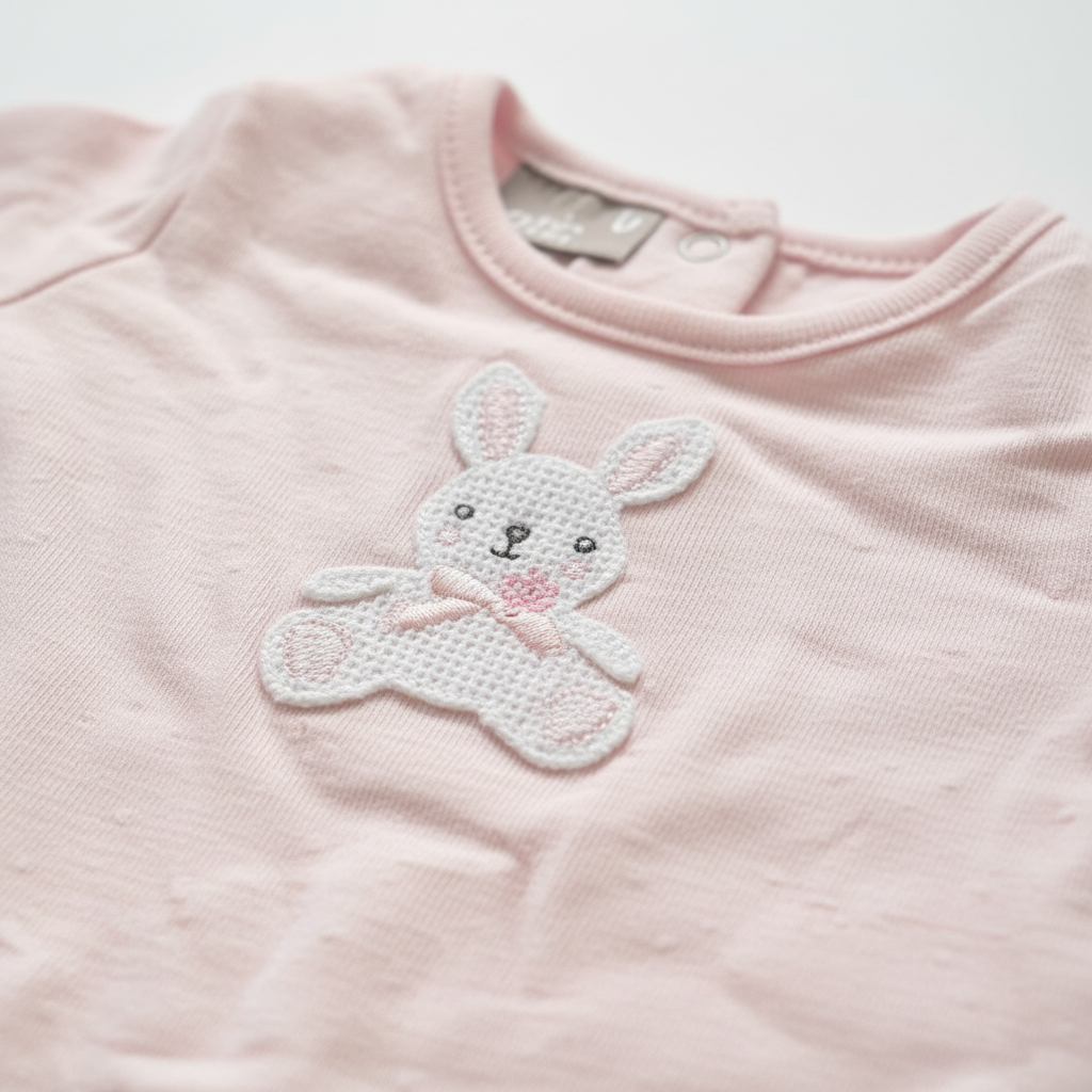 Close-up of embroidered mouse appliqué on pink polka dot sleepsuit