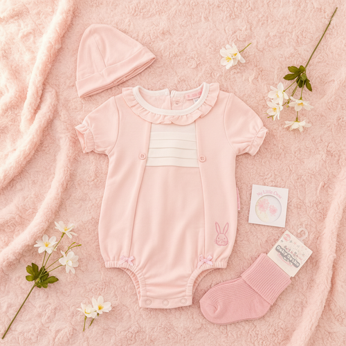 Pink baby romper set on soft pink background with flowers