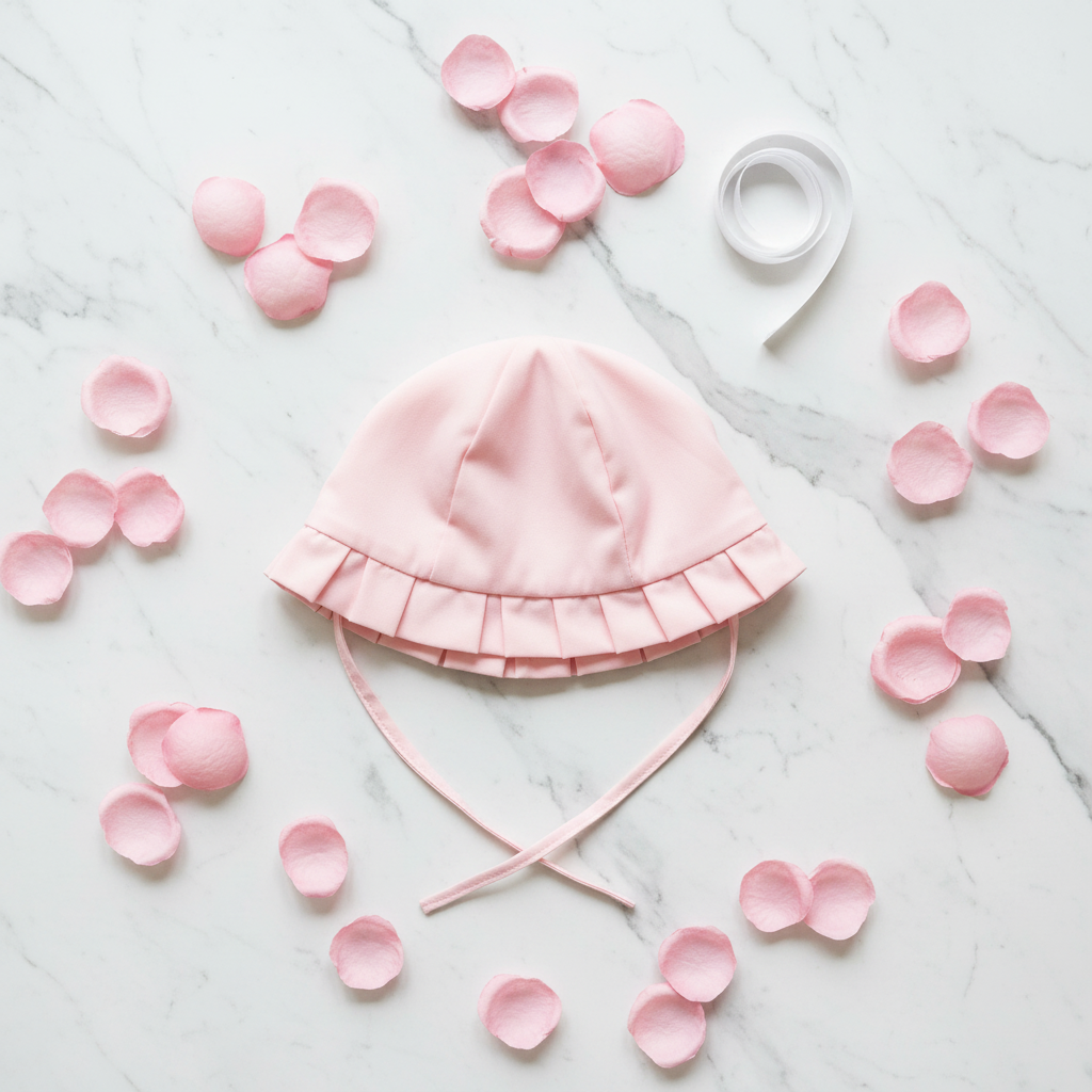 Pink baby sun hat flat lay with flowers